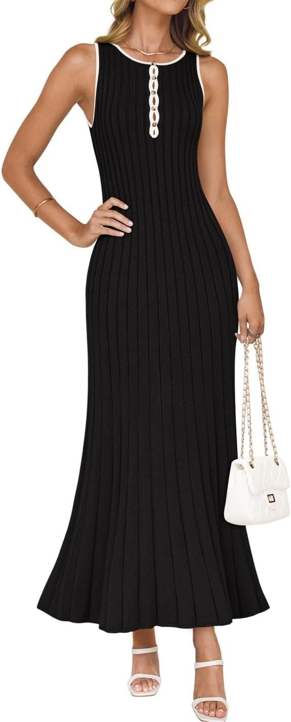 ZESICA Womens 2025 Summer Long Maxi Dress Sleeveless Crew Neck Hollow Out Pleated Ribbed Knit Swi... | Amazon (US)