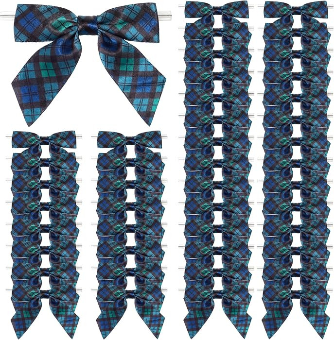 50 Pcs Christmas Plaid Bow with Twist Ties 3.5 Inch, Teal Blue | Amazon (US)