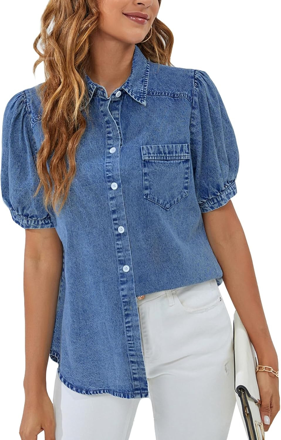 BMJL Womens Denim Shirt Business Casual Button Down Work Blouses Puff Sleeve Summer Tops | Amazon (US)