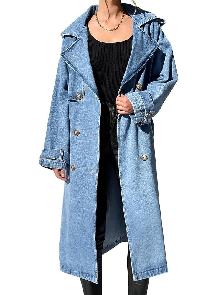Fazortev Women's Long Double Breasted Denim Jacket Oversized Button Down Maxi Jean Coat Classic L... | Amazon (US)