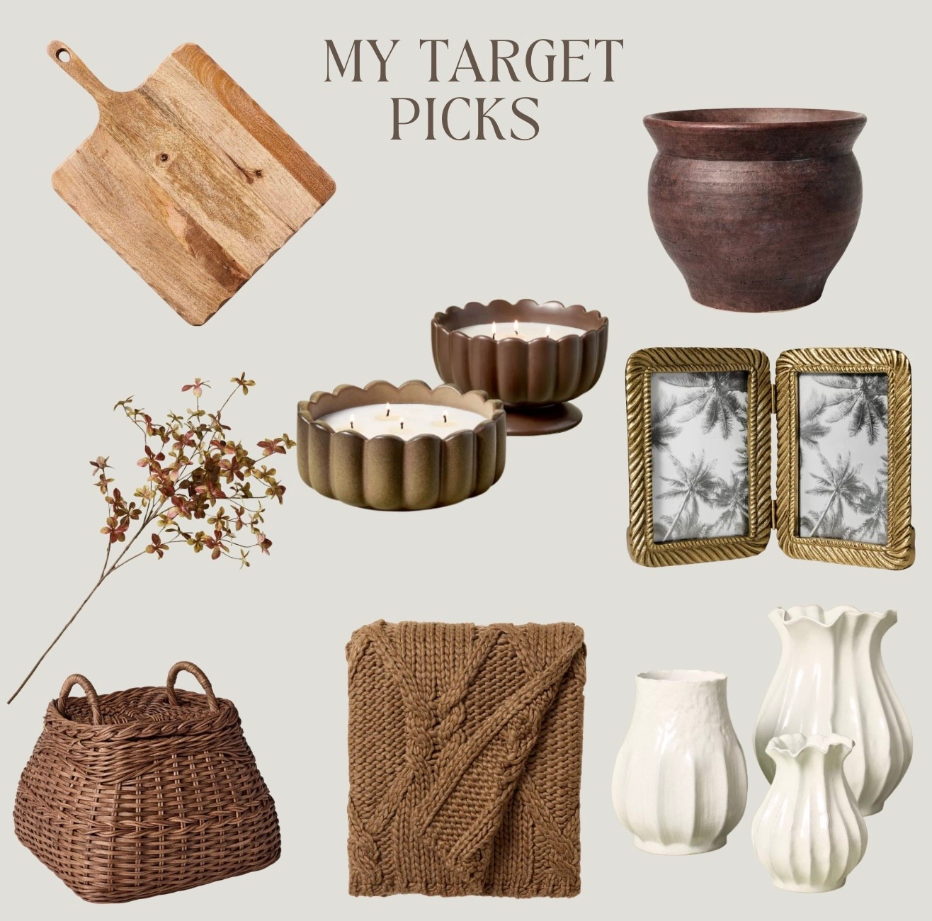 Found some new fun pieces for fall from Targets Studio McGee line and the new Hearth & Hand collection! 
Carved Edge Wood Board
Square Rattan Basket 
Scalloped Rim Chestnut Candle 
Leaf Stems 
Cable Knit Throw Blanket 
Metal Rope Picture Frame Brass 
Fall Decor

#LTKHome #LTKSeasonal #LTKFindsUnder50