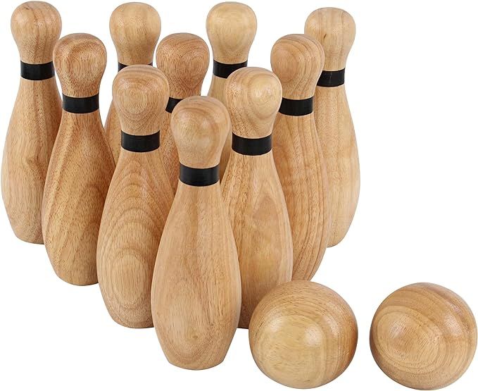 Get Out! Wooden Bowling Set - 12pc Lawn Bowling and Skittle Ball Games for Children and Adult Fun | Amazon (US)