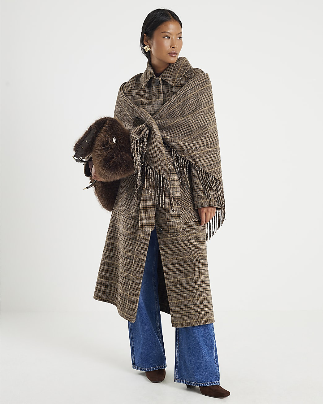 Petite Brown Wool Blend Check Trench Coat | River Island UK & IE