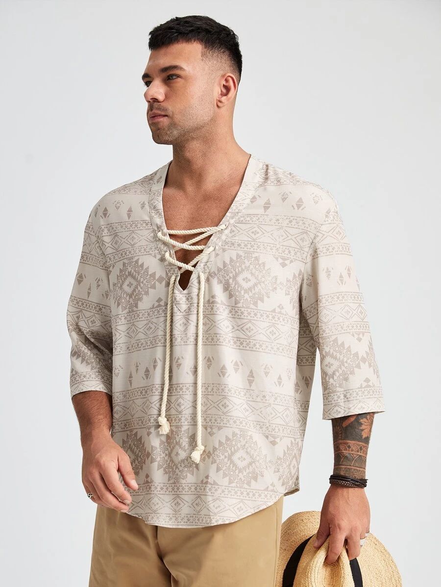 Extended Sizes Men Floral & Geo Print Lace Up Shirt
   
      SKU: sm2204180599955170
          (... | SHEIN