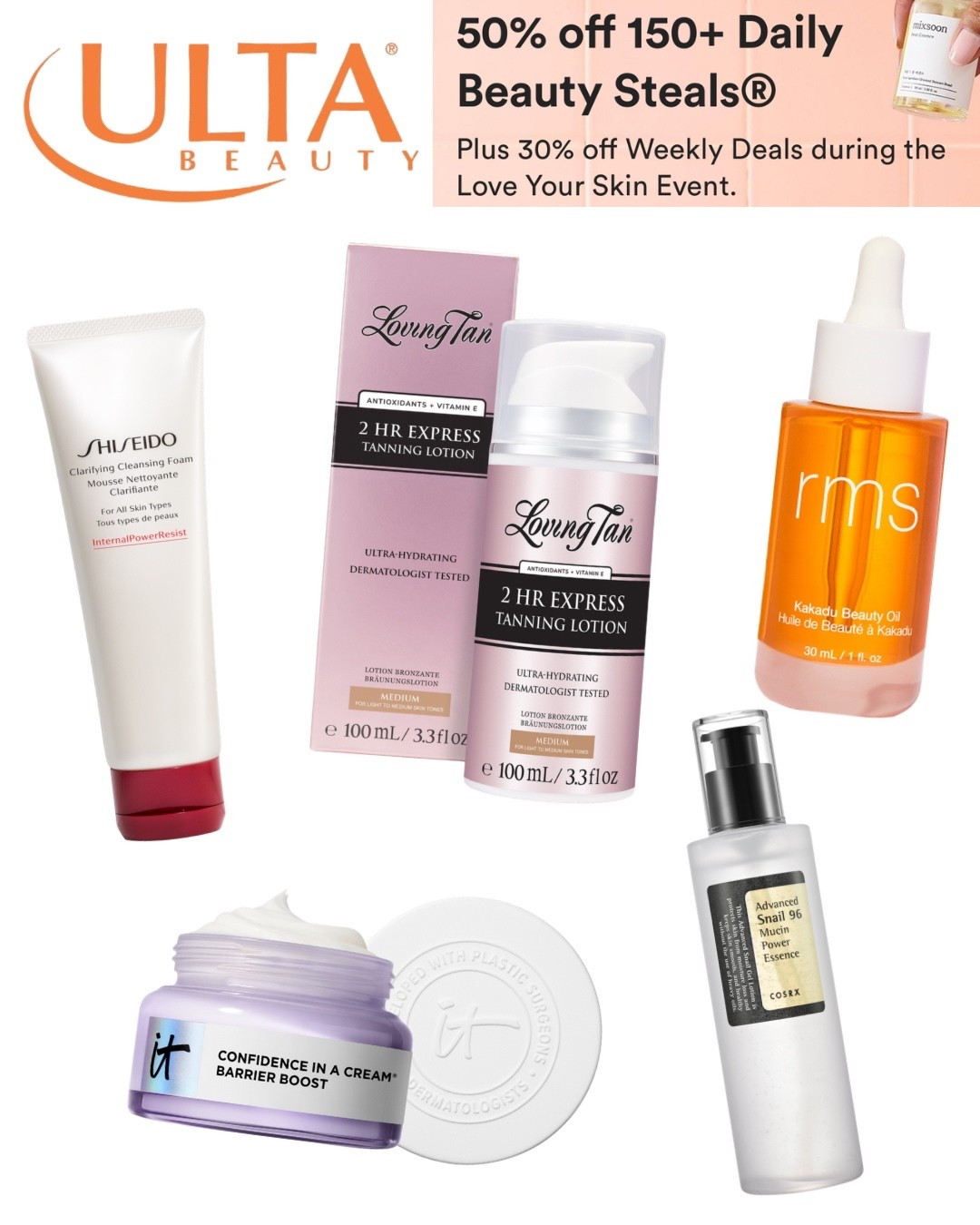 Today’s steals from Ulta’s Love Your Skin Event 🧡

#Skincare #Ulta #Skin #LoveYourSkinEvent #UltaBeauty #LovingTan #COSRX #SnailMucin #ITCosmetics #Shiseido #RMSBeauty #LeahGlows

#LTKselfcare #LTKSaleAlert #LTKBeauty