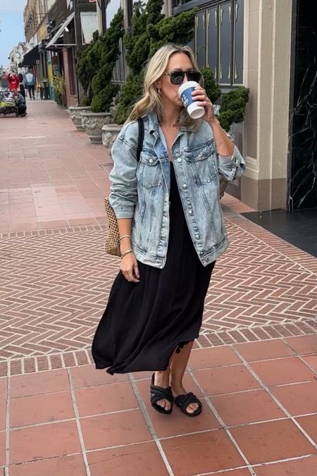 Summer sandals, comfortable beach style, little black dress sustainable sandals, denim jacket, beach bag, casual style, morning coffee 

#LTKover40
