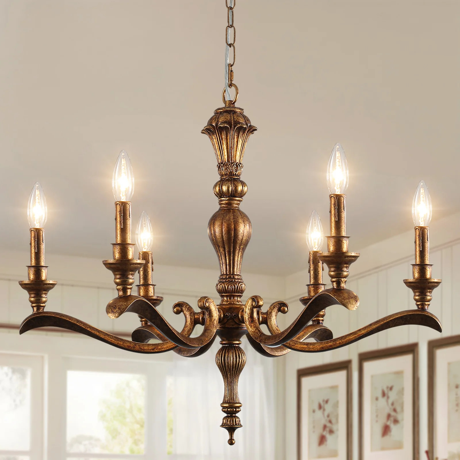 6-Light French Country Vintage Antique Brass Chandelier Adjustable Classic / Traditional Leaf Hanging Light Fixture | Wayfair North America