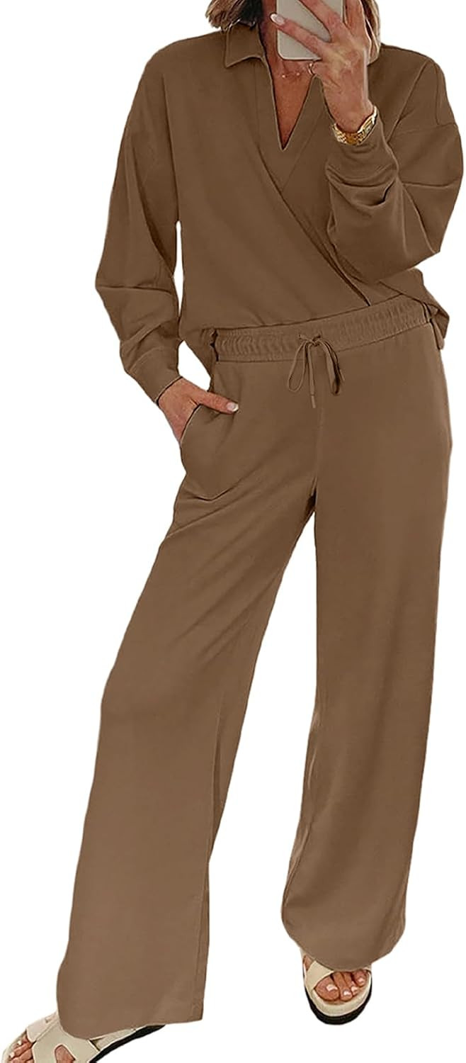 EVALESS Two Piece Sets for Women Lounge Sets Casual V Neck Sweatshirt and Wide Leg Sweatpants Matching Sets Women Clothing | Amazon (US)