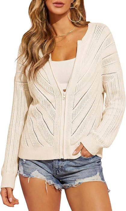 ECOWISH Crochet Cardigan Sweaters Women Short Zip Up Long Sleeve Hollow Out | Amazon (US)