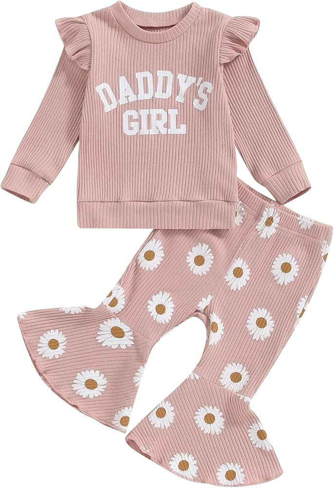 Newborn Baby Girl Outfits Fall Daddys Girls Long Sleeve Pullover Sweatshirt Flared Pants Set 6 12... | Amazon (US)