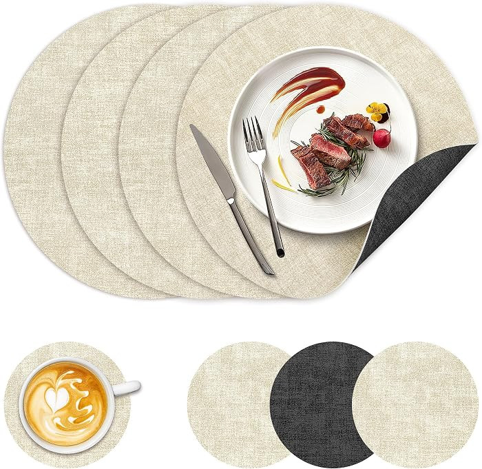 13" Round Placemats Set of 4, NCUE Dual-Sided Faux Leather Heat Resistant Table Mats, Waterproof ... | Amazon (US)