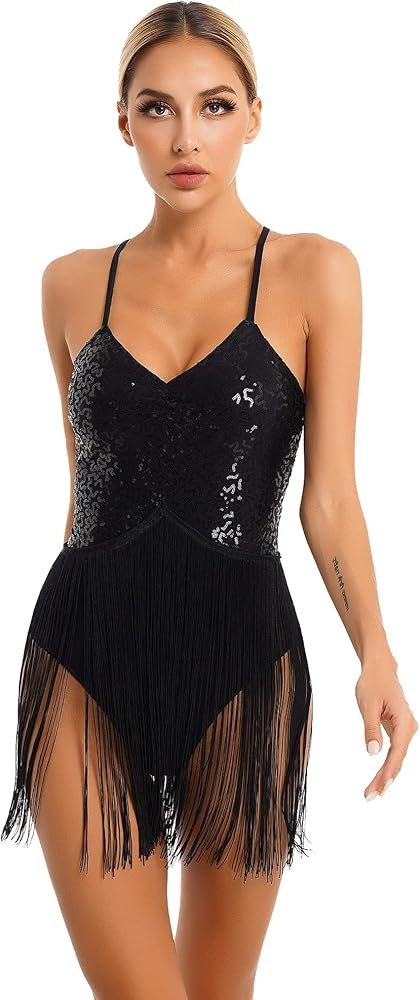 iEFiEL Women's Glitter Sequins Tassel Latin Dance Bodysuit Rumba Ballroom Jazz Samba Fringes Leot... | Amazon (UK)