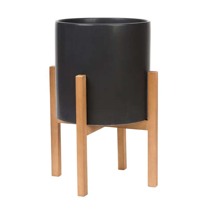 Liam Round Modern Ceramic Indoor Pot Planter with Wood Legs | Wayfair North America