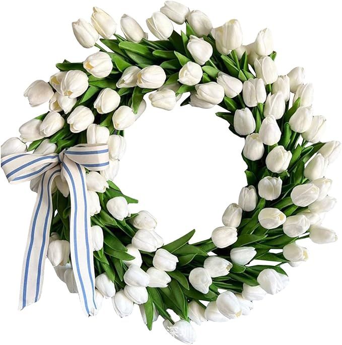 Tulip Wreath for Front Door, Spring Wreath Artificial Tulip Flower with Ivy Leaves Bow White Tuli... | Amazon (US)