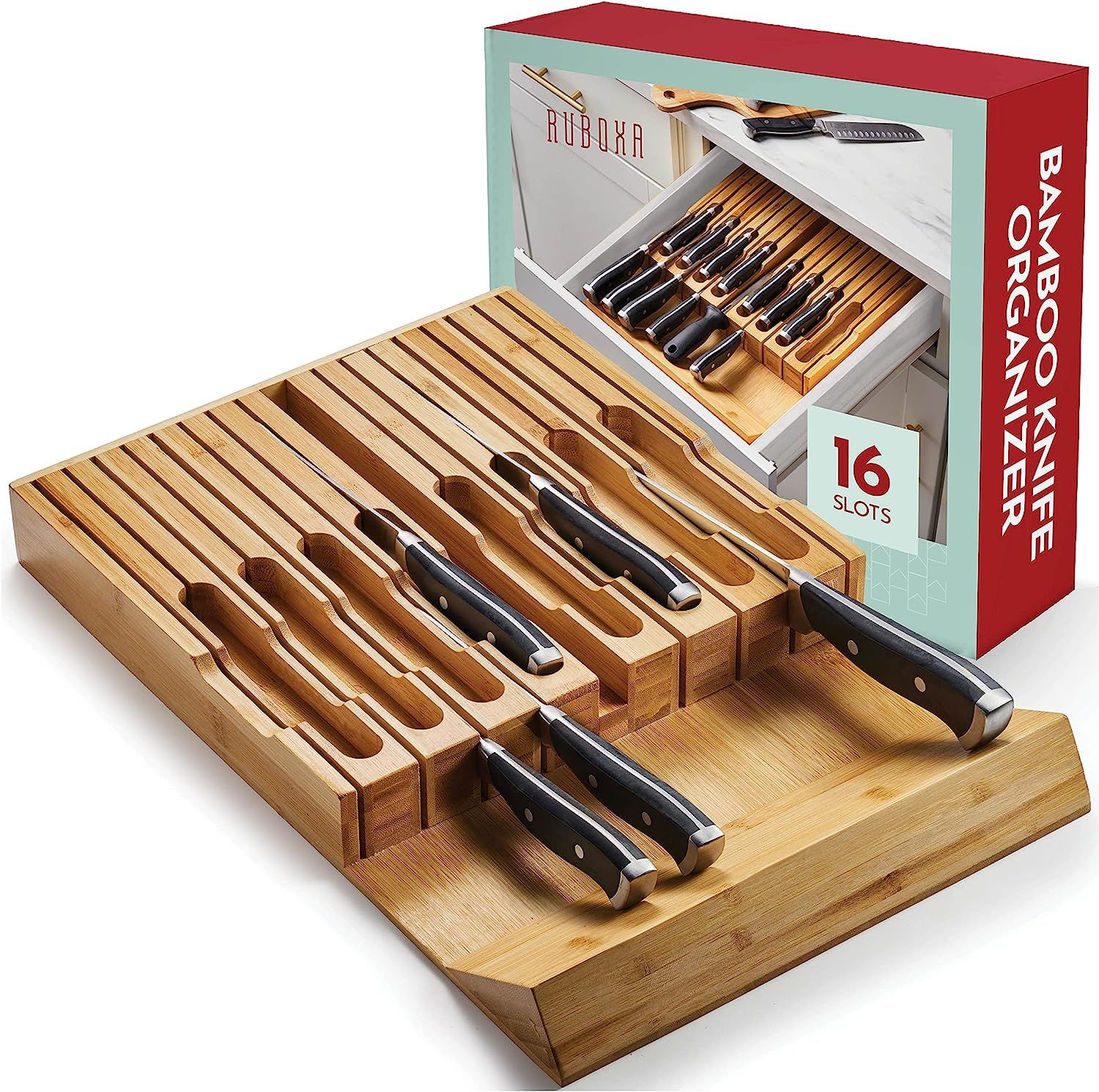 Amazon.com: High-Grade 100% Bamboo Knife Drawer Organizer - 16 Knife Slots Plus a Sharpener Slot,... | Amazon (US)
