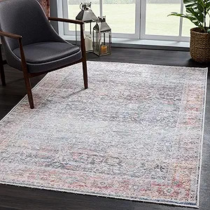 Bloom Rugs Caria Washable Non-Slip 8x10 Rug - Ocean Blue / Brick Area Rug for Living Room, Bedroo... | Amazon (US)