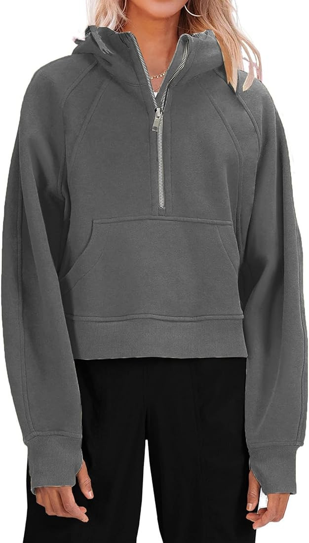 LNKQA Women's Hooded Pullover Sweatshirts Half Zipper Crop Hoodie Fleece Lined Collar Zip Up Hood... | Amazon (US)