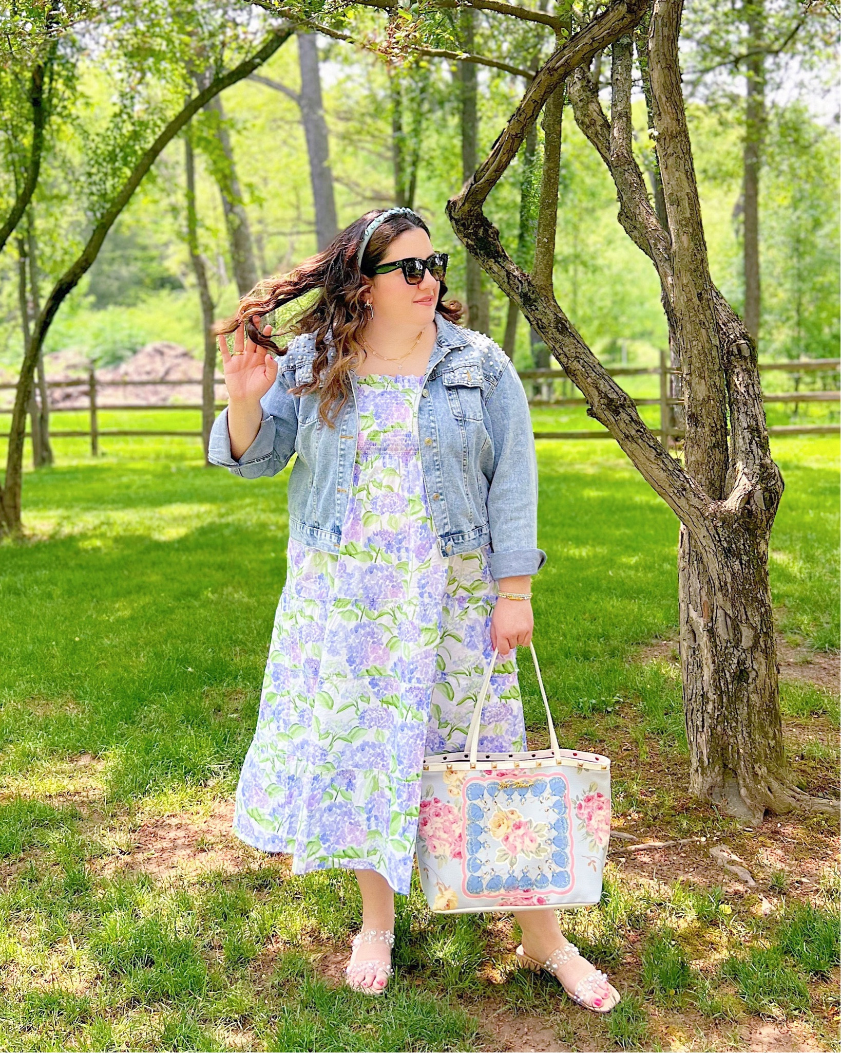 Hydrangea print midi dress, clear pearl sandals, pearl embellished denim jacket, rhinestone headband, and floral print tote bag 🌸 cottagecore outfit, grand Millennial outfit, preppy outfit, preppy style, nap dress, hydrangea print dress 

#LTKSeasonal #LTKcurves #LTKFind