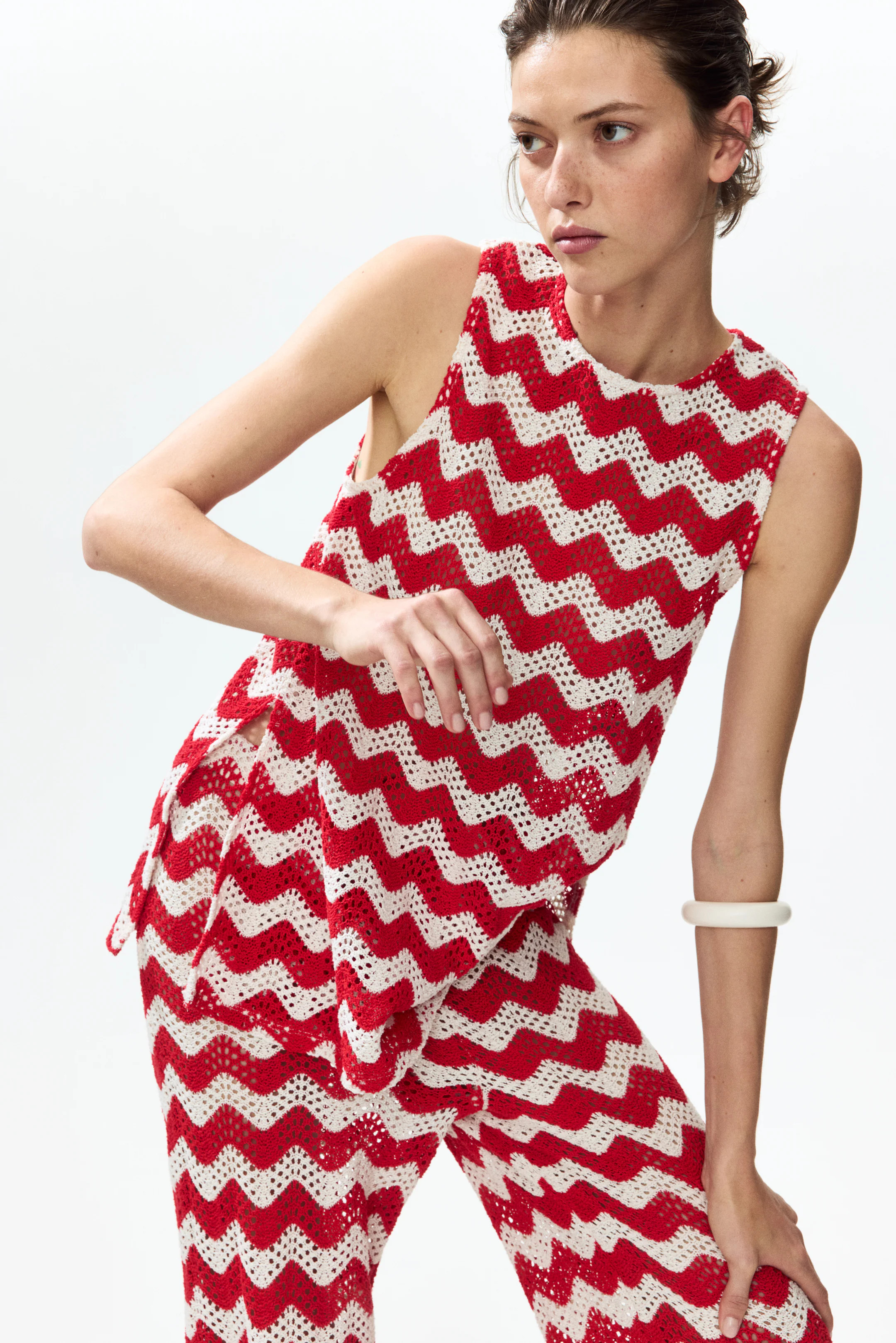 Women's White/Red striped Crochet-look jacquard jersey top | H&M GB | H&M (UK, MY, IN, SG, PH, TW, HK)
