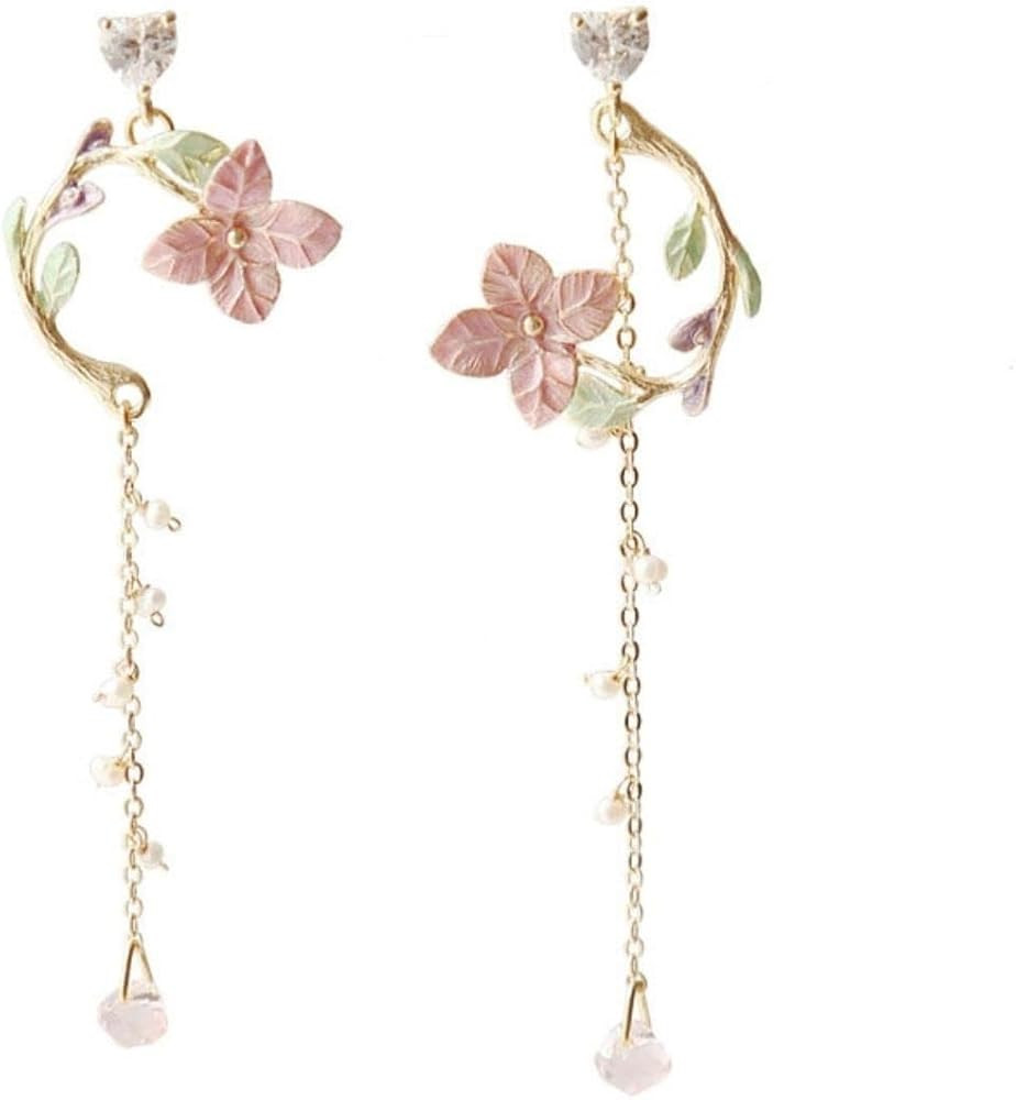 Pink Flower Pearl Sakura Leaf Earrings Ginkgo Biloba Cat Fairy Flower Statement Earrings For Wome... | Amazon (US)