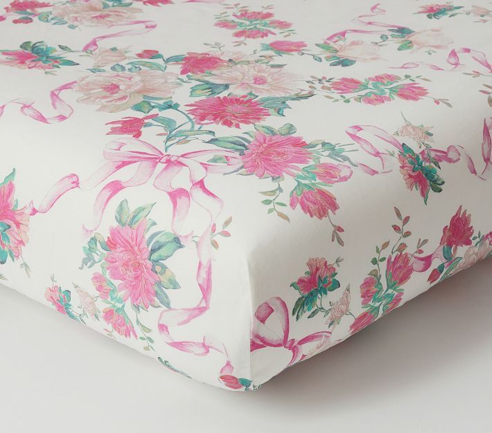 LoveShackFancy Cabbage Rose Bow Organic Crib Fitted Sheet | Pottery Barn Kids