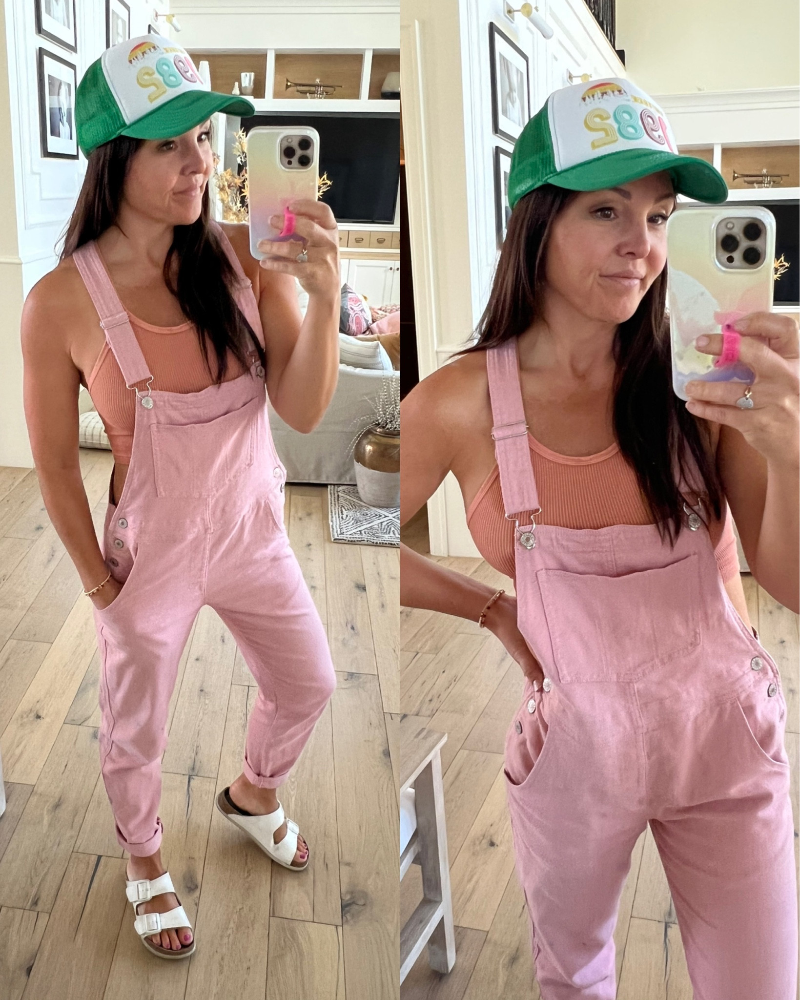 My pink canvas overalls come in a bunch of colors. Wearing size small. Free people sports bra- crop tank. 
Amazon finds 