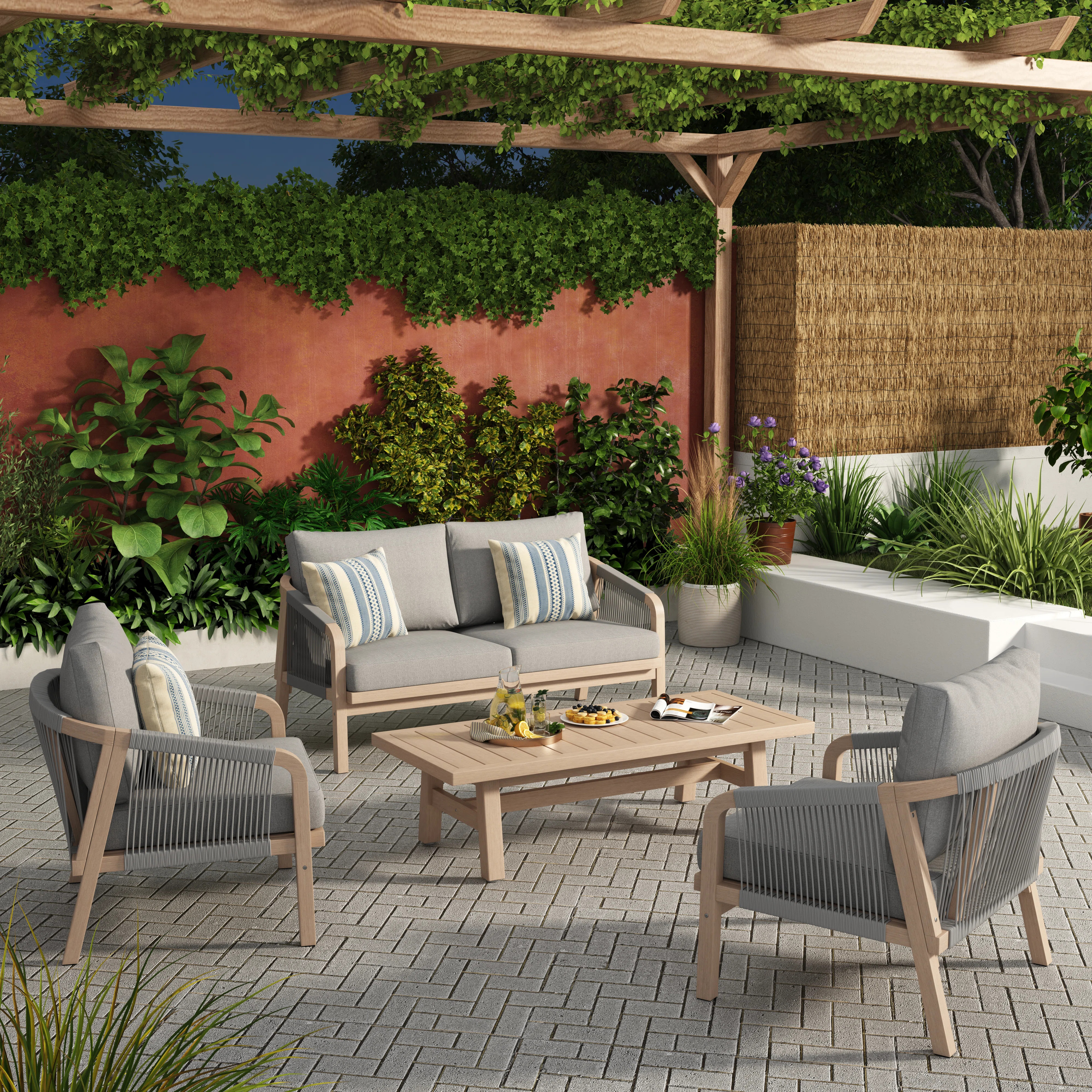 4-Person Outdoor Acacia Wood Conversation Set With Cushions And Table | Wayfair North America