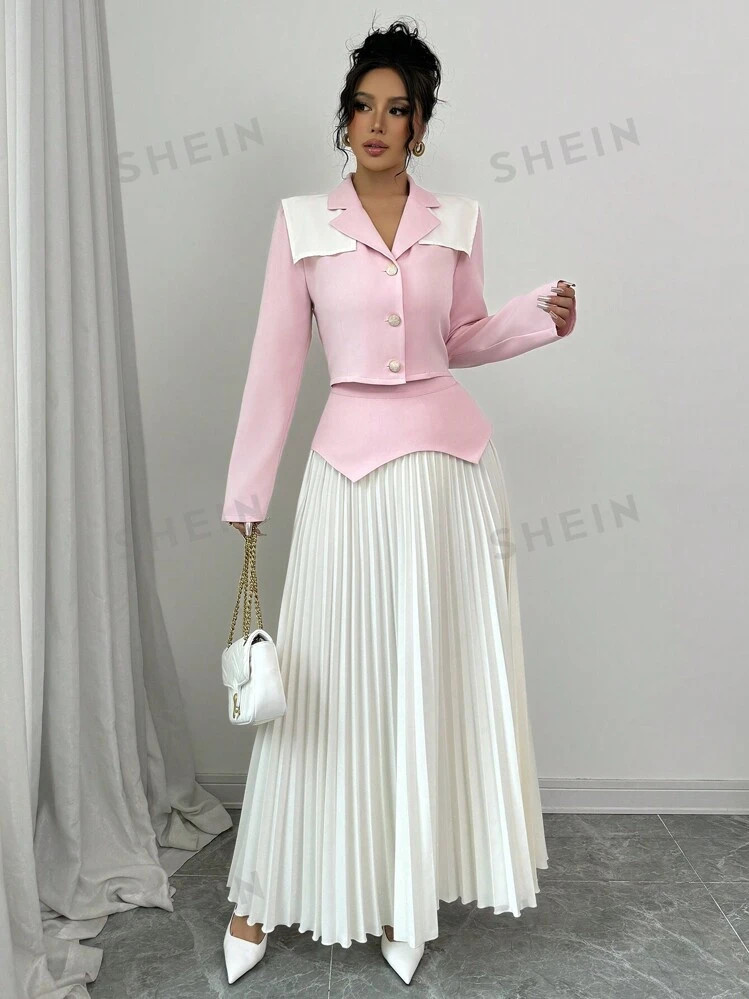 Elenzga 2pcs Women Set With Contrast Color Block Button Decor Waist Top And Solid Color Pleated S... | SHEIN