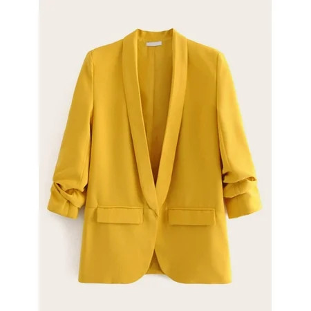 Elegant Solid Shawl Neck Flap Pocket Blazer Mustard Yellow L(8/10) | Walmart (US)