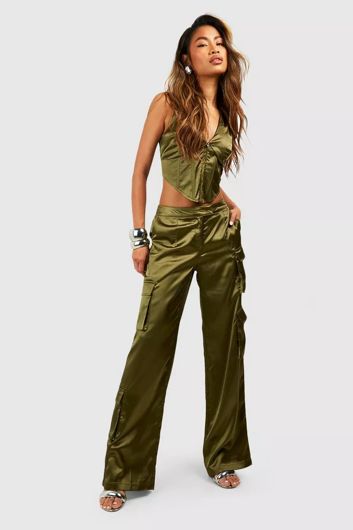 Satin Mid Rise Pocket Cargo Pants | boohoo (US & Canada)