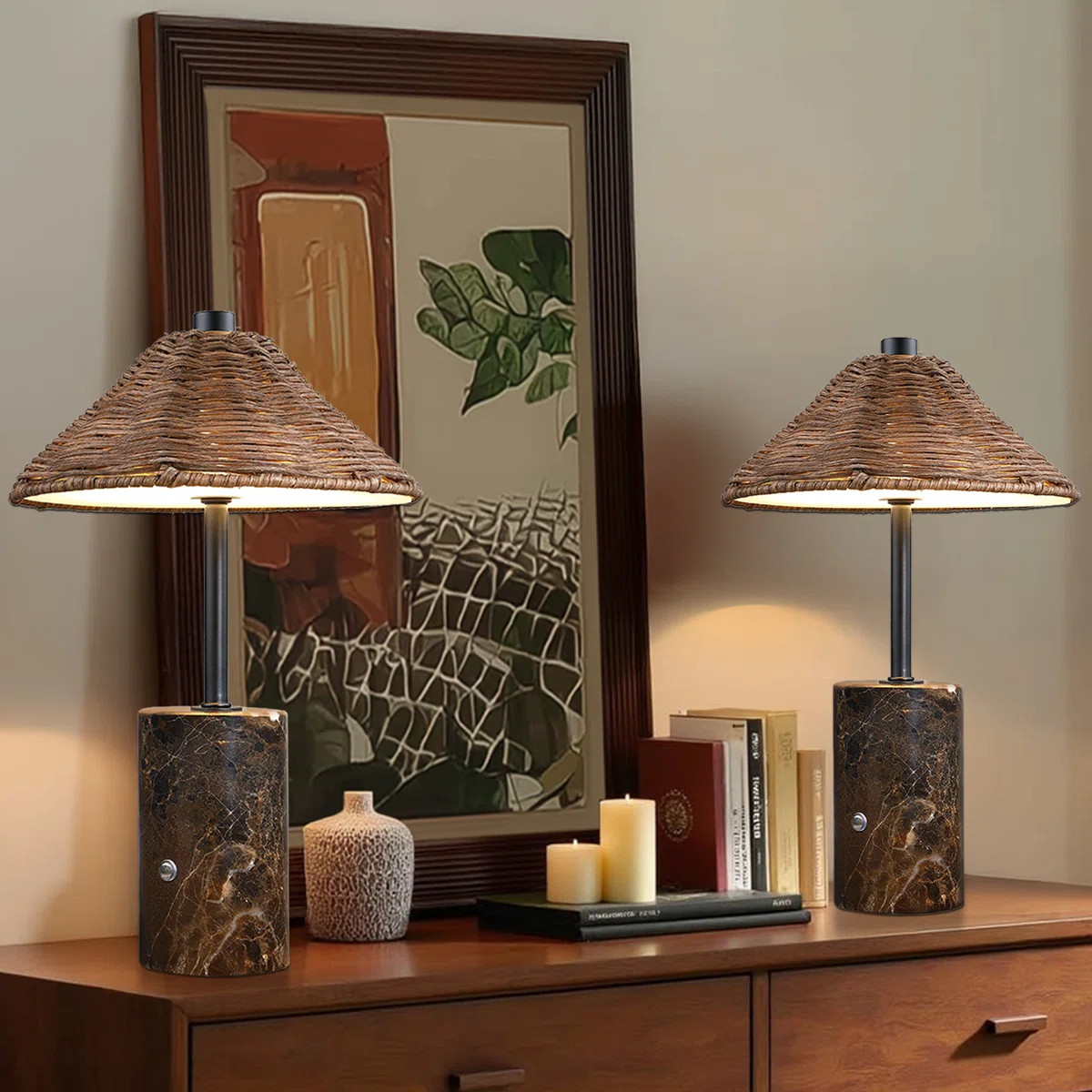 2 Pack Rechargeable 3600mAh Battery Operated LED Table Lamps, 3-Way Dimmable, Boho Rattan Wicker ... | Wayfair North America