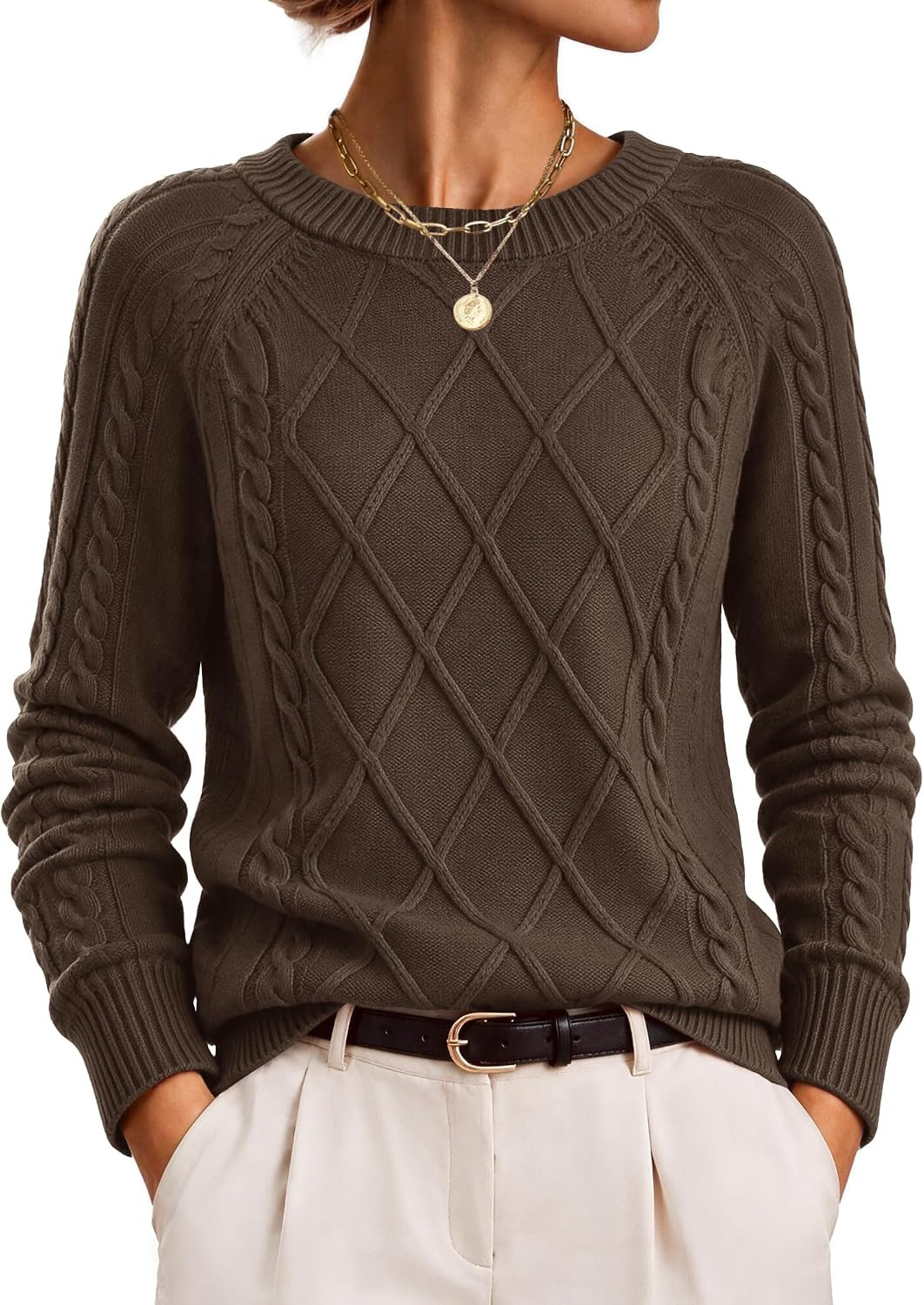 Zeagoo Womens Cable Knit Sweaters Crew Neck Long Sleeve Tops Fall Clothes | Amazon (US)