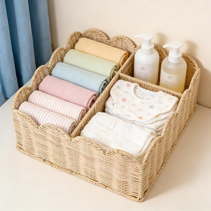 Rattan Divided Scalloped Basket,Wicker Diaper Caddy Scalloped Baske,Woven Natural Basket with 4 D... | Amazon (US)