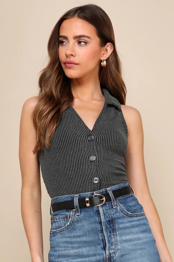 Feeling Trendy Charcoal Grey Textured Ribbed Collared Tank Top | Lulus