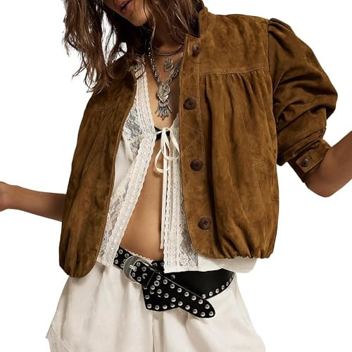Women Fall Faux Suede Jackets Long Sleeve Banded Collar Bubble Hem Button Down Cropped Coat with Side Pockets | Amazon (US)