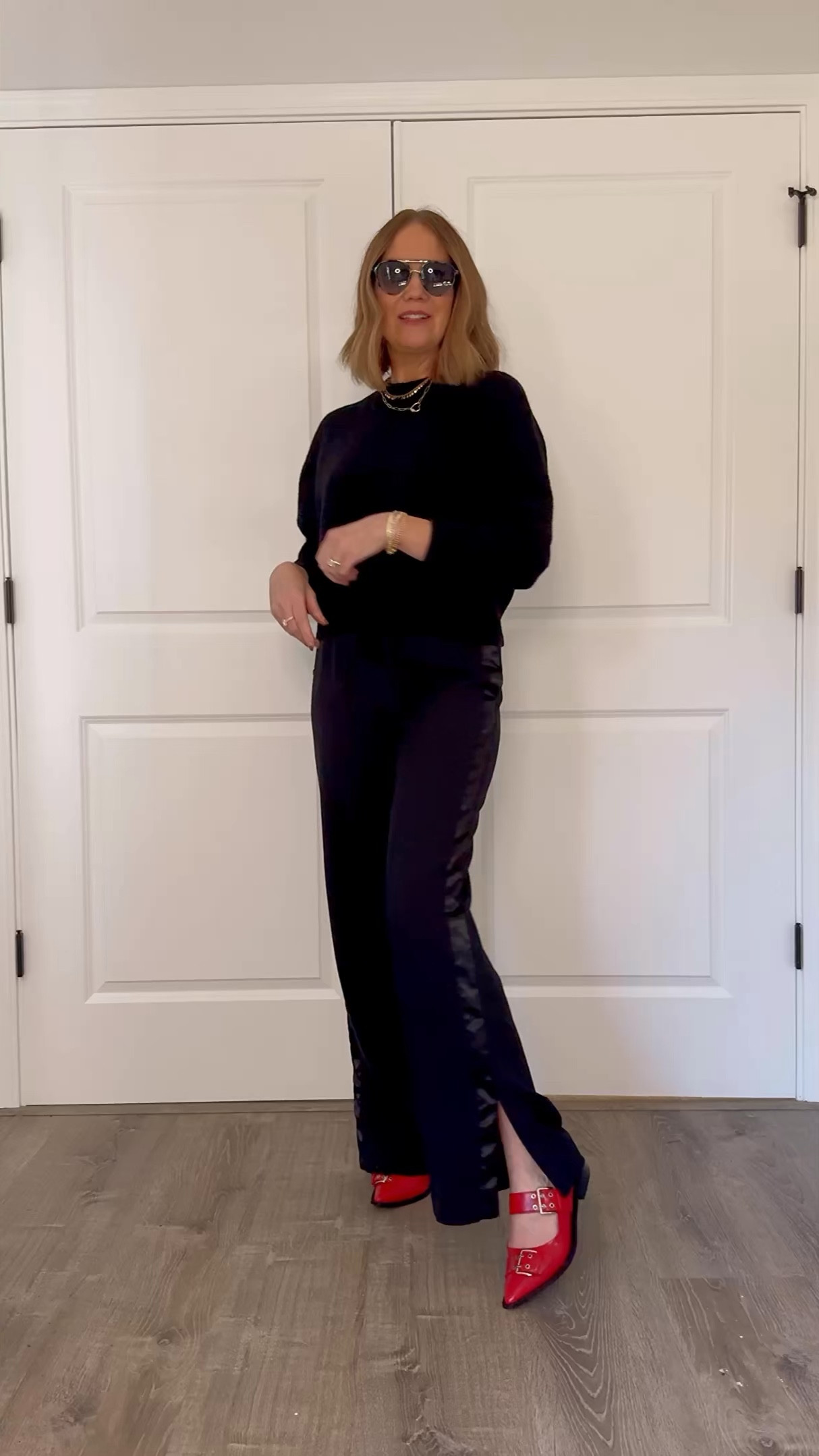 These elevated track pants from target are on sale and I’m kind of obsessed. You could absolutely dress these up, but I love how they look styled casually with these plush sweaters also from target and also on sale. Add a low profile sneaker and you’ll be comfy and look pulled together. Or snazz them up for date night with these red buckle flats
Pants small 
Sweaters large 
Studded, denim jacket, medium 



#LTKOver40 #LTKStyleTip #LTKSaleAlert