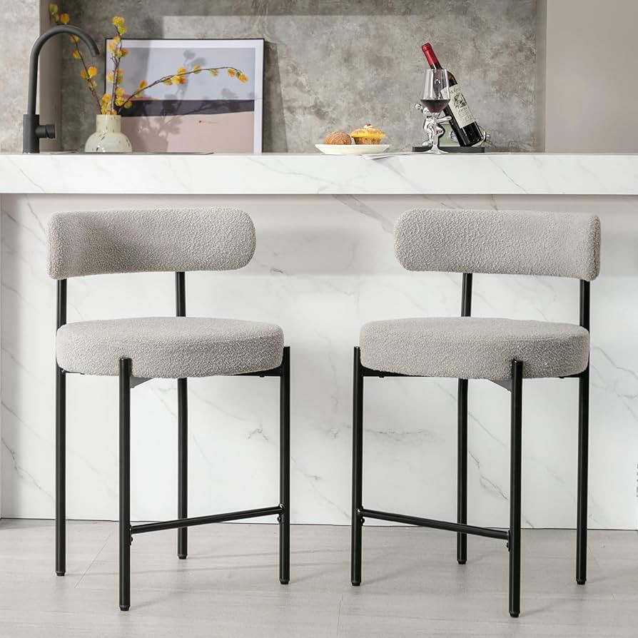 Locus Bono 24'' Boucle Counter Stools Set of 2, Grey Bar Stools with Backs, Counter Height Bar St... | Amazon (US)