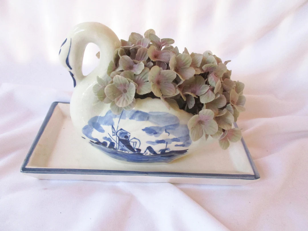 SALE  Vintage Ceramic Delft / Reiner Mixed Swan Planter / Tray Accent Blue and White Double-Sided... | Etsy (US)