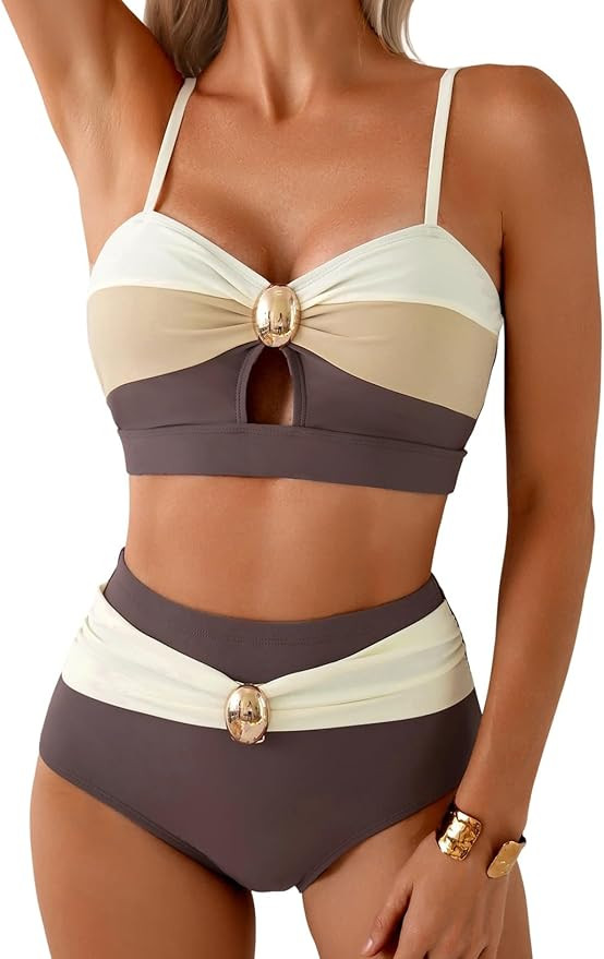 Herseas Women's 2 Piece Colorblock Bikini Sets Oval Metal Cutout Swimsuit High Waisted 2026 Beach... | Amazon (US)