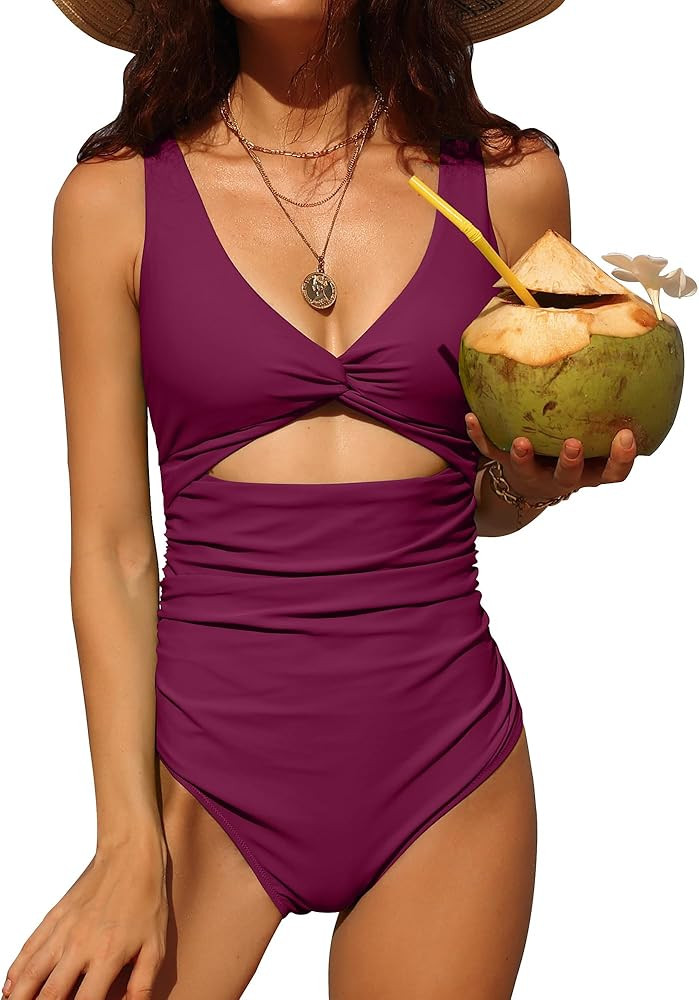 Charmo Womens One Piece Swimsuit Ruched Tummy Control High Cut Backless V Neck Bathing Suits Swim... | Amazon (US)