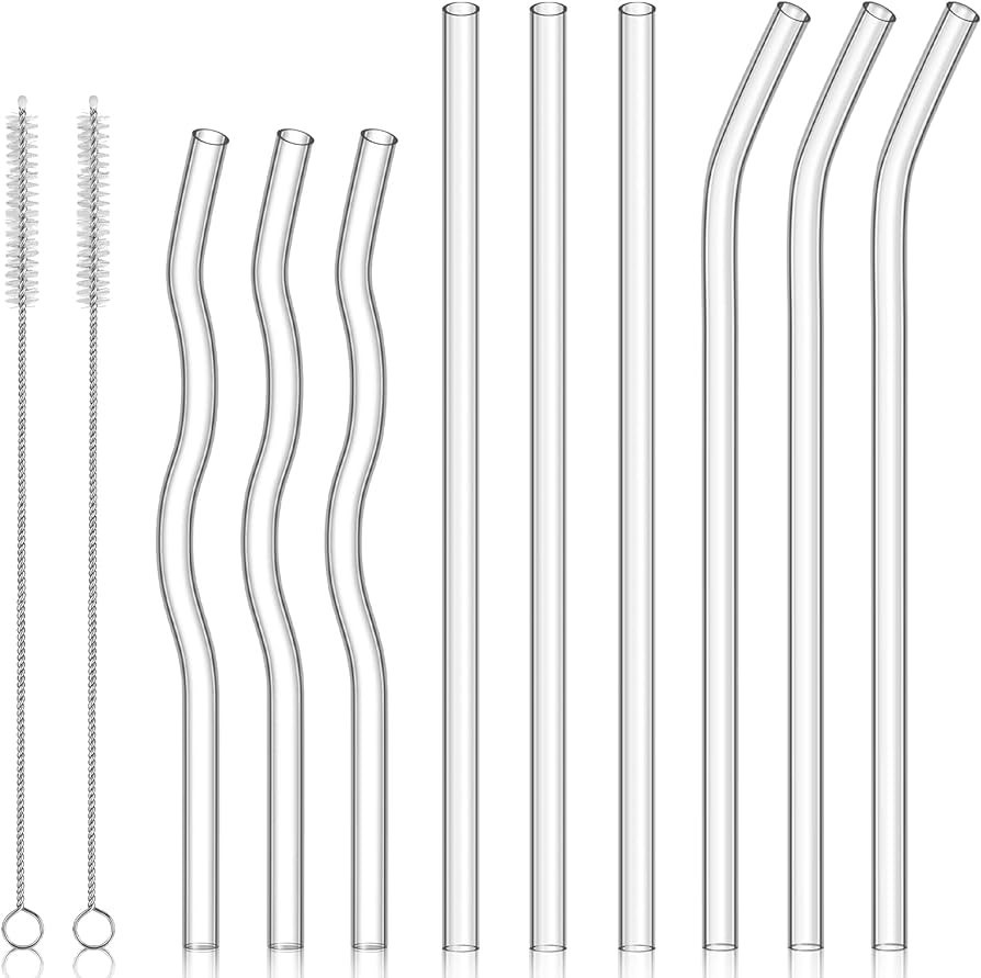 9 Pcs Reusable Glass Straws Shatter Resistant 10''x8mm 3 Straight and 3 Bent Glass Boba Straws 8'... | Amazon (US)