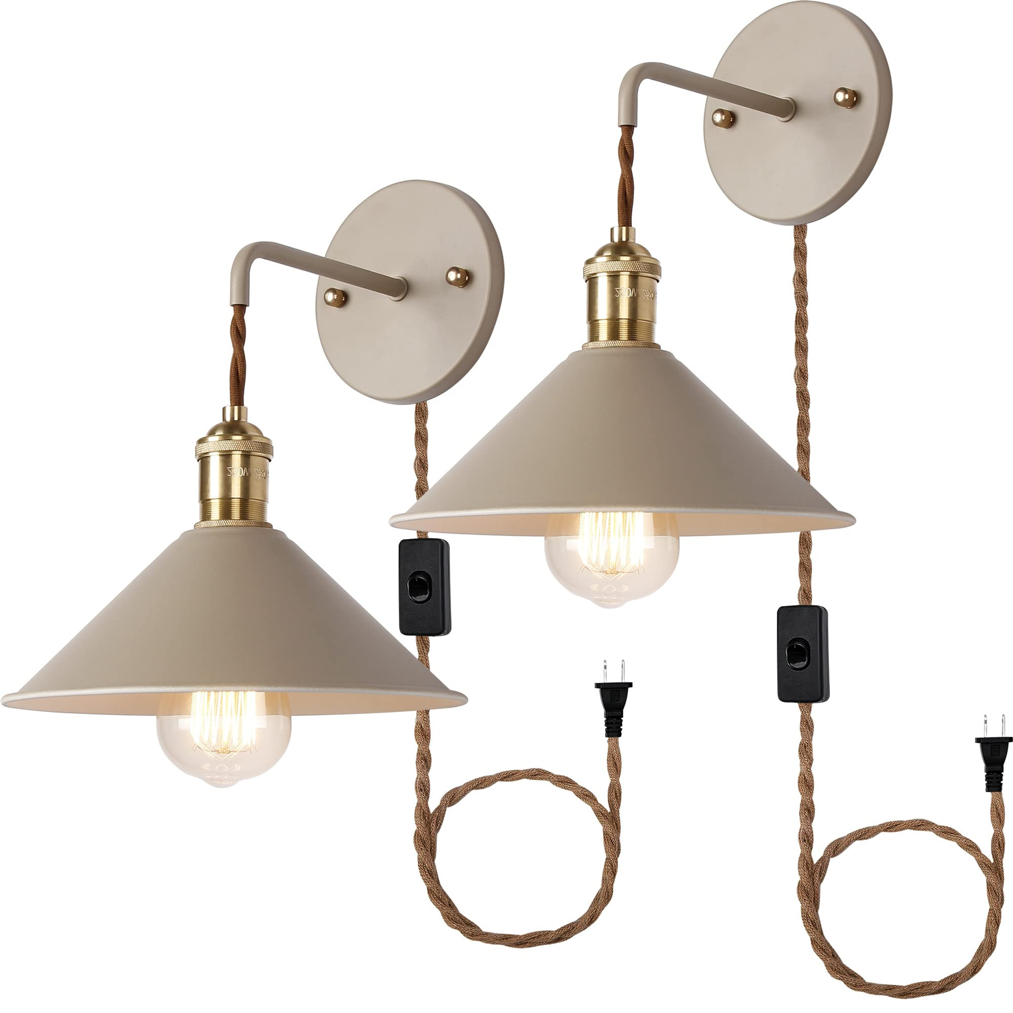 Khaki Plug in Wall Sconces Set of Two,Wall lamp with Plug in Cord of 2 for Bedroom Hanging Wall Lights E26 Edison Brass lamp Holder with Frosted Paint Body Bedside lamp | Amazon (US)