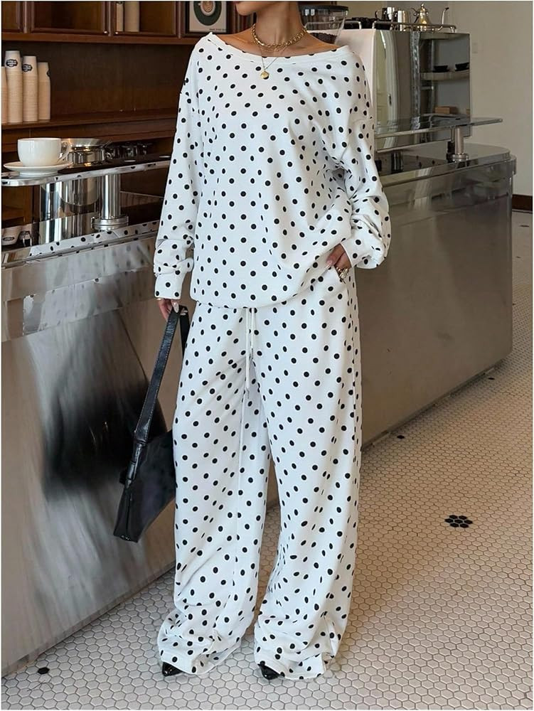 SweatyRocks Women's 2 Piece Outfits Polka Dots One Shoulder Loose Sweatshirt and Drawstring Sweat... | Amazon (US)