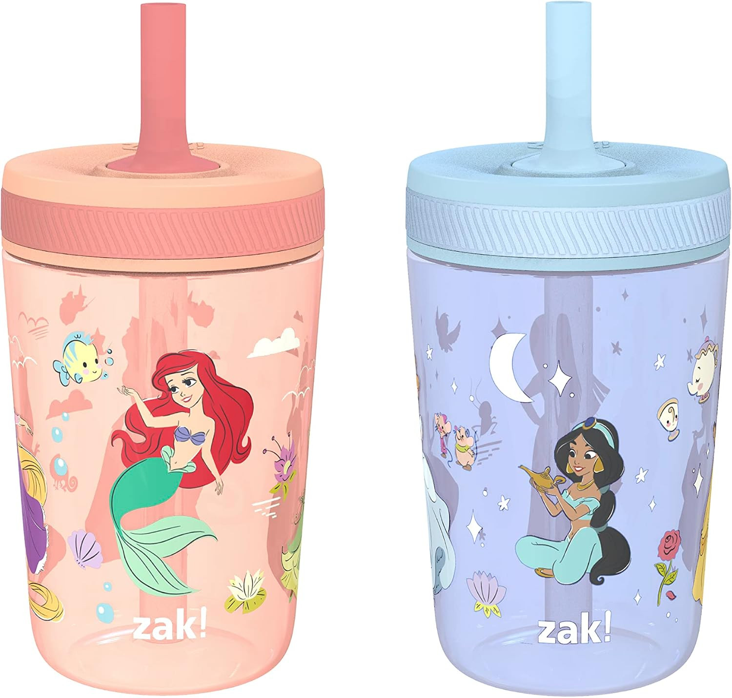 Zak Designs Disney Princess Kelso Toddler Cups For Travel or Home, 15oz 2-Pack Plastic Sippy Cups, Leak-Proof For Kids (Ariel, Aurora, Belle, Cinderella, Jasmine, Mulan, Rapunzel, Tiana) | Amazon (US)