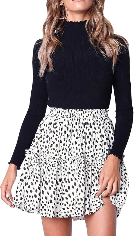 Women's Floral High Waist Drawstring Ruffle Flared Boho A-Line Pleated Skater Mini Skirt | Amazon (US)
