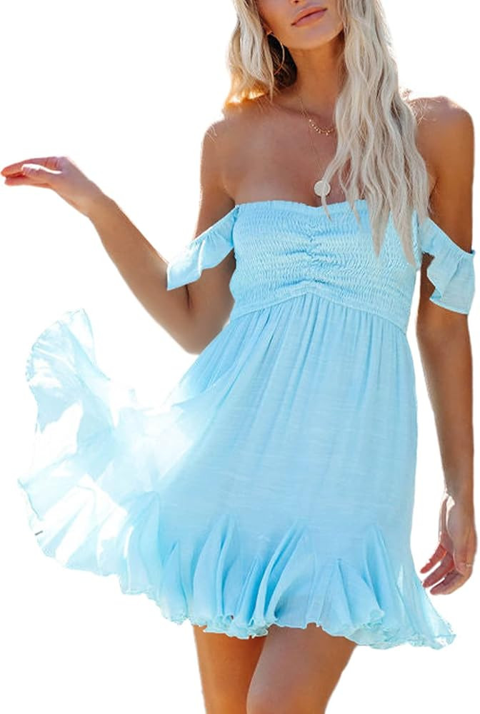 Fixmatti Women Summer Smock Tube Top Dress Off Shoulder Ruffles A-Line Flowy Dresses | Amazon (US)