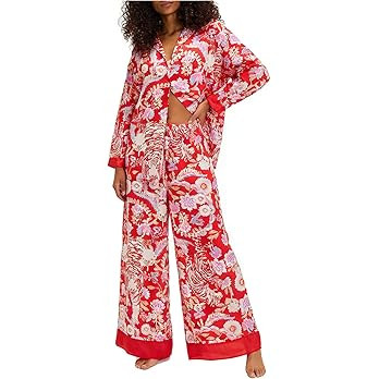 Women Satin Pajama Set Floral Silk Pajamas 2 Piece Lounge Sets Button Down Shirts Wide Leg Pants ... | Amazon (US)