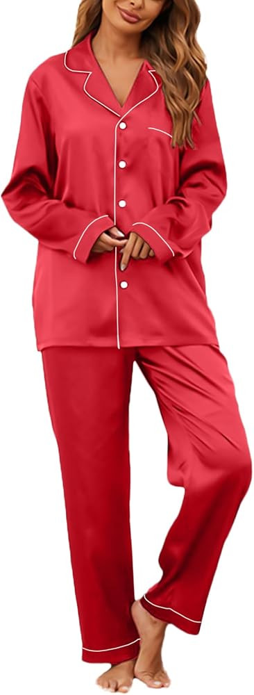 IFFEI 2 Pieces Silk Satin Womens Pajamas Set Button-Down Long Sleeve Girls Pajamas with Pockets | Amazon (US)