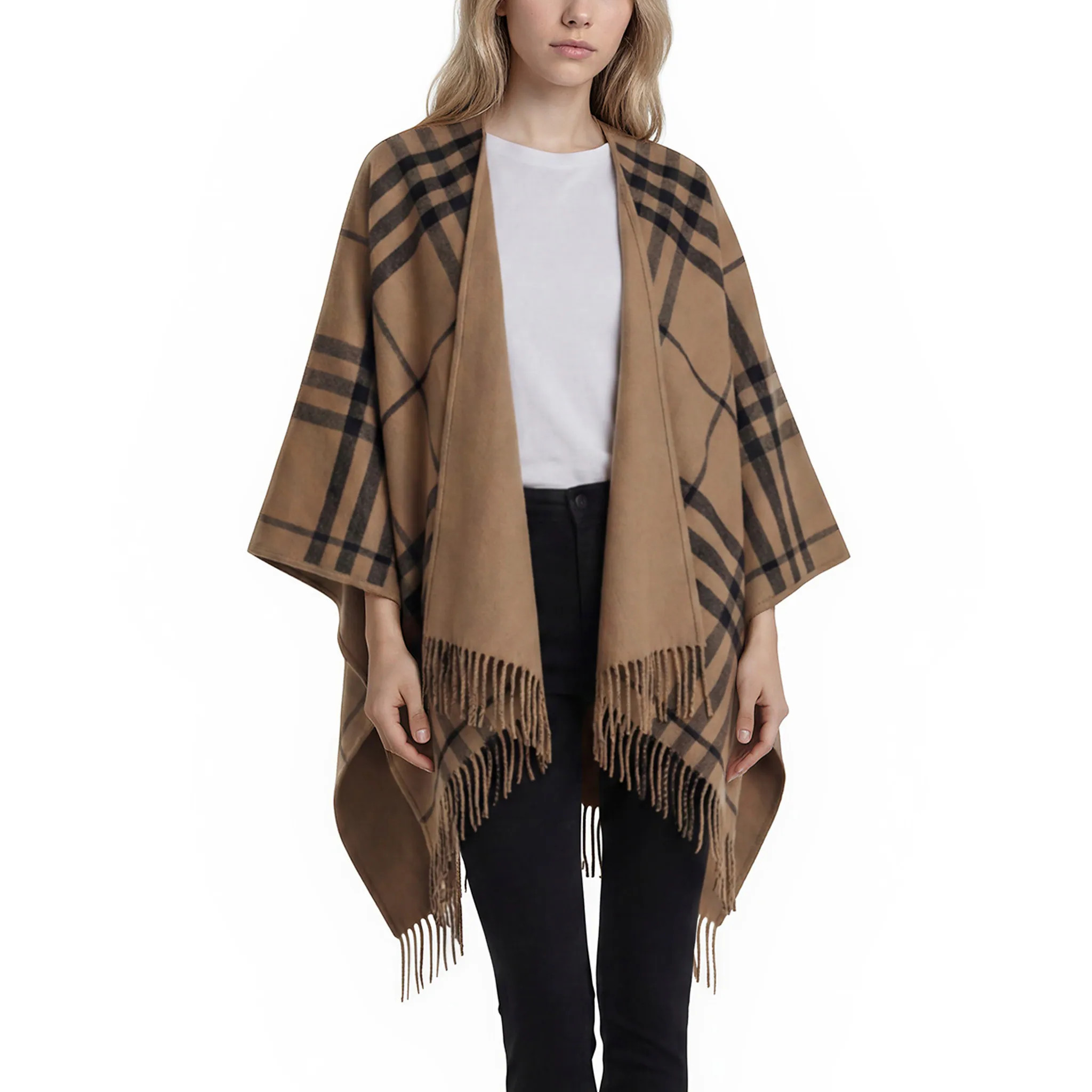 Burberry Giant Check Reversible Wool Cape - Camel | Overstock