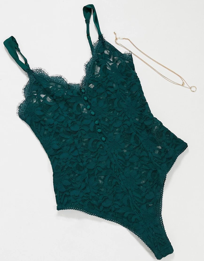 Free People bedroom date lace bodysuit in forest green | ASOS (Global)